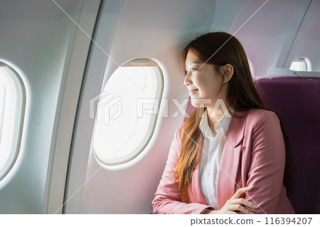Airplane, travel and portrait of woman with journey. 116394207