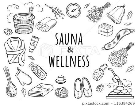 Sauna and wellness. Set of doodle elements. Premium body care vector banner template. 116394269