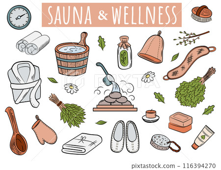 Sauna and wellness. Set of cute color doodle vector elements. Spa accessories in sketch style. 116394270