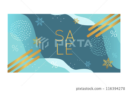 Winter sale banner. Blue and gold colors. Waves and abstract elements, dots, strokes and snowflake. Vector background in a modern style. 116394278