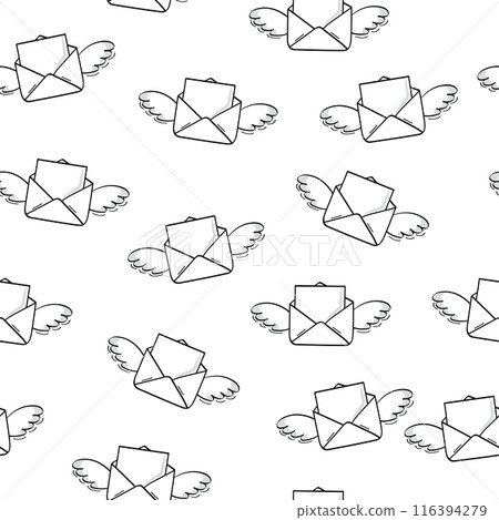 Messages are flying. Envelopes with letters with wings. Editable seamless pattern in doodle on a white background. 116394279