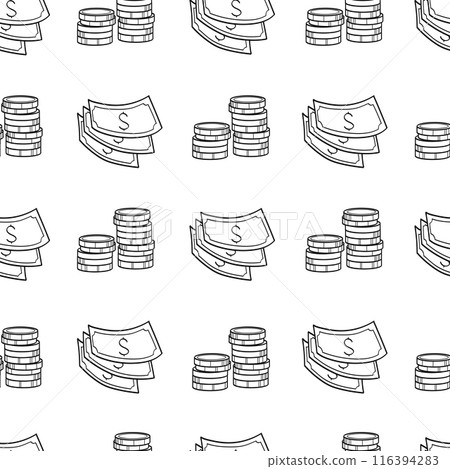 Dollar bills and stacks of coins. A simple seamless pattern in doodle style on a white background. 116394283