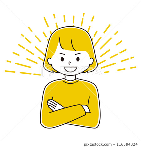 Illustration of a woman in a suit with her arms folded and a smug look on her face 116394324
