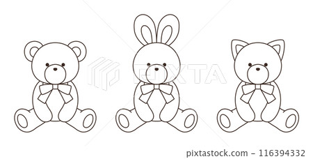 Vector illustration set of cute bear, rabbit and cat stuffed animals with ribbons Icon Animal 116394332