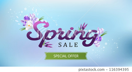 Spring Sale banner template with lilac early flowers on delicate blue gradient background. Sale vector illustration for promo design. Spring Sale banner template with lilac early flowers on delicate blue gradient background. Sale vector illustration for promo design. 116394395