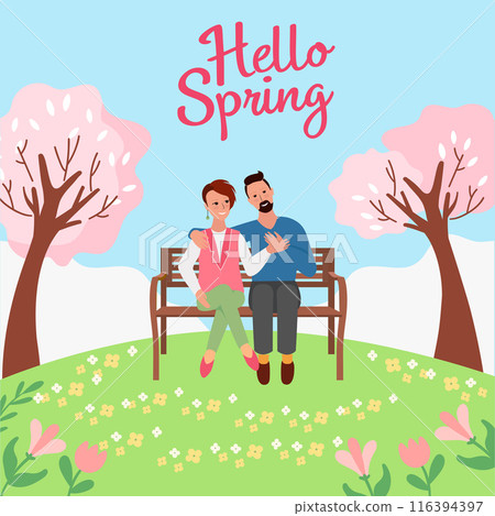 Spring nature greeting card template. Flowering park and couple on bench, trees in bloom. Vector illustration for social media post, postcard or cover. Spring nature greeting card template. Flowering park and couple on bench, trees in bloom. Vector illustration for social media post, postcard or cover. 116394397