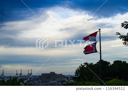 Signal flag of hill park with a view of the harbor 116394512