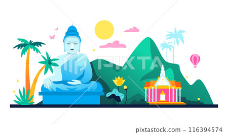 Thailand nature and Buddha statue - modern colored vector illustration 116394574