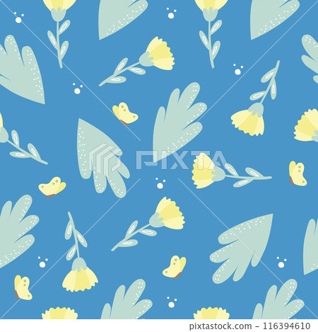 Vector floral pattern in doodle style with yellow flowers and butterflies. Delicate, spring floral blue background. 116394610