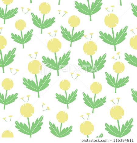 Vector floral pattern in doodle style with yellow dandelions. Delicate, spring floral background. Vector floral pattern in doodle style with yellow dandelions. Delicate, spring floral background. 116394611