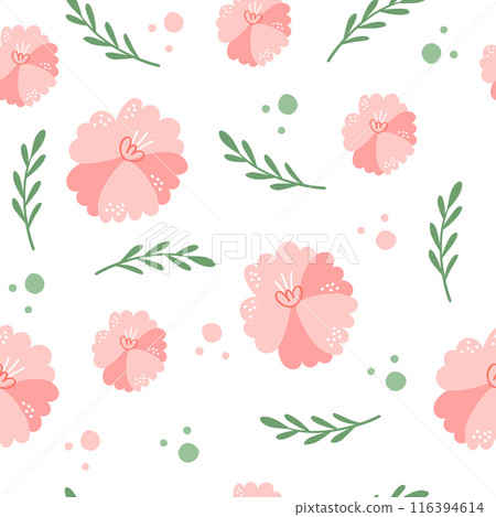 Vector floral pattern in doodle style with pink flowers and leaves. Delicate, spring floral background. 116394614