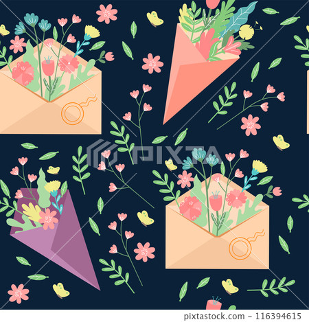 Vector floral pattern in doodle style with holiday envelopes and bouquets of flowers. Spring floral modern background. Vector floral pattern in doodle style with holiday envelopes and bouquets of flowers. Spring floral modern background. 116394615
