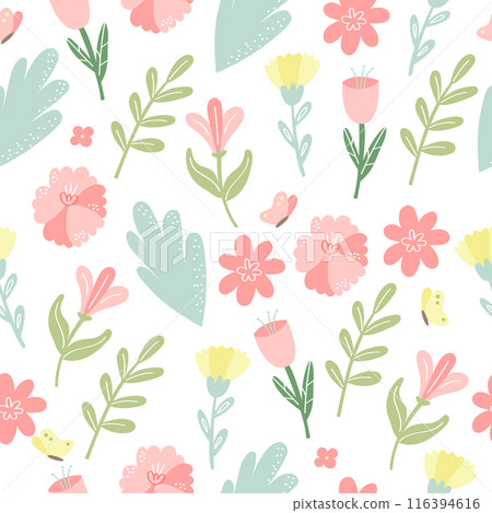 Vector floral pattern in doodle style with flowers and leaves. Delicate, spring floral background. 116394616