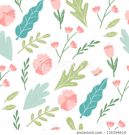 Vector floral pattern in doodle style with flowers and leaves. Delicate, spring floral background. 116394618