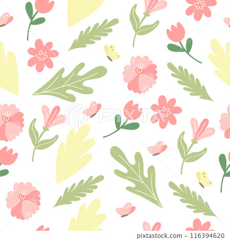 Vector floral pattern in doodle style with flowers and leaves. Delicate, spring floral background. Vector floral pattern in doodle style with flowers and leaves. Delicate, spring floral background. 116394620
