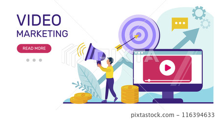Video marketing concept. Social media market vector web banner. Illustration of marketing video, online advertising, vlog. Video marketing concept. Social media market vector web banner. Illustration of marketing video, online advertising, vlog. 116394633