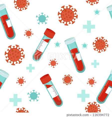 Blood test. Seamless pattern on a white background. Cartoon medical test tubes and virus. 116394772