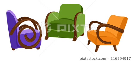 Vector set of three armchairs in art deco style isolated on white background. Vector set of three armchairs in art deco style isolated on white background. 116394917