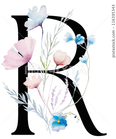 Black letter R with Watercolor pastel tender wild flowers and leaves, wedding isolated illustration 116395343