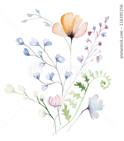 Bouquet made with watercolor pastel wild flowers and leaves,  hand drawn wedding illustration 116395350