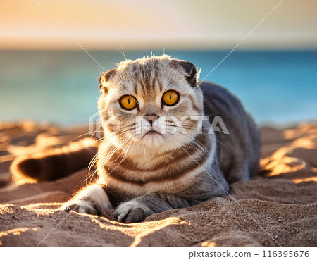 Calm Scottish Fold Cat Relaxing Outdoors 116395676