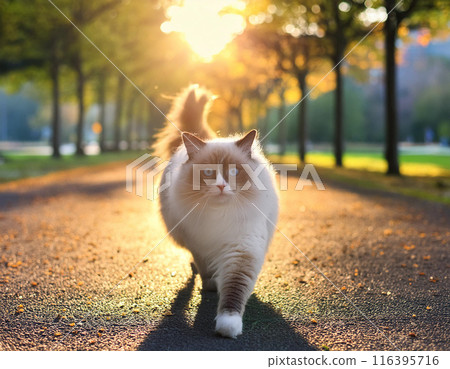Calm Ragdoll Cat Walking Towards Camera Outdoors Calm Ragdoll Cat Walking Towards Camera Outdoors 116395716