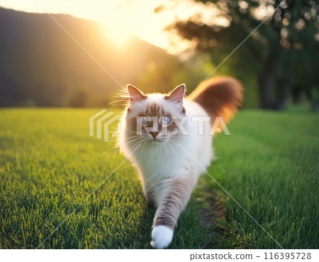 Calm Ragdoll Cat Walking Towards Camera Outdoors Calm Ragdoll Cat Walking Towards Camera Outdoors 116395728