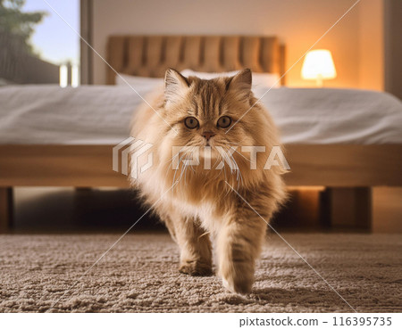 Calm Persian Cat Walking Towards Camera Indoors 116395735