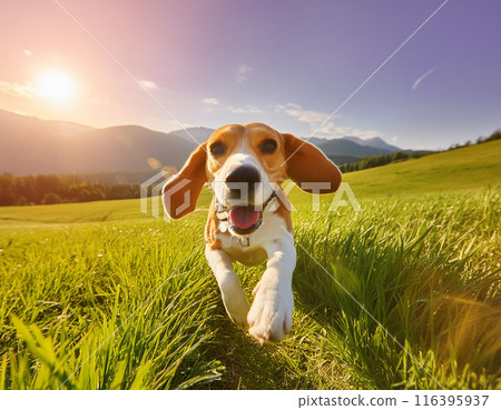 Energetic Beagle Running Freely Outdoors: Capturing Joy in Motion 116395937