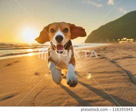 Energetic Beagle Running Freely Outdoors: Capturing Joy in Motion 116395943