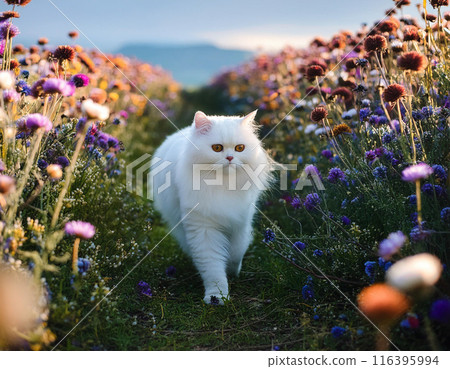 Calm Persian Cat Walking Towards Camera Outdoors 116395994