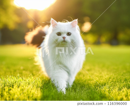 Calm Persian Cat Walking Towards Camera Outdoors 116396000