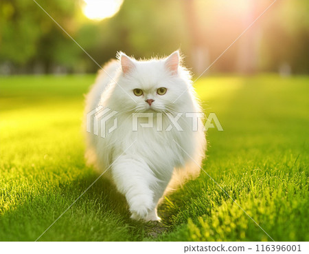 Calm Persian Cat Walking Towards Camera Outdoors 116396001