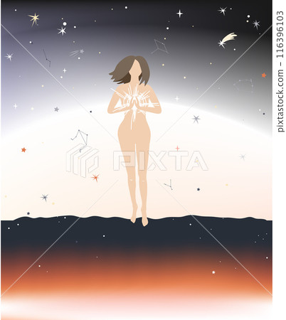 Young standing woman meditating with star in her hands. Meditation, harmony, and enlightenment concept. Universe creation. Vector illustration Young standing woman meditating with star in her hands. Meditation, harmony, and enlightenment concept. Universe creation. Vector illustration 116396103