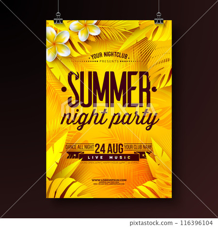 Tropical Summer Night Party Flyer Design Template with Flower and Tropical Palm Leaves on Yellow Background. Vector Summer Beach Celebration Illustration with Typography Letter for Banner, Flyer Tropical Summer Night Party Flyer Design Template with Flower and Tropical Palm Leaves on Yellow Background. Vector Summer Beach Celebration Illustration with Typography Letter for Banner, Flyer 116396104