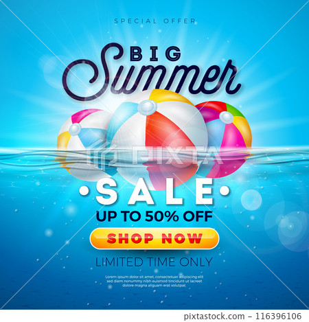 Summer Sale Banner Design with Beach Ball in Wavy Water and Typography Letter on Sky Blue Background. Tropical Vacation Vector Illustration with Special Offer for Coupon, Voucher, Flyer, Promotional 116396106