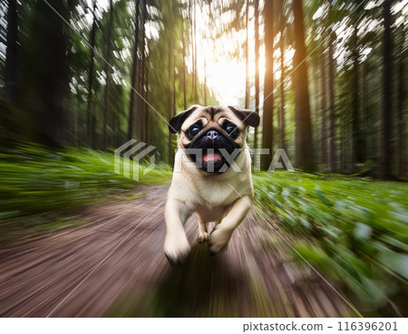 Energetic Pug Running Freely Outdoors: Capturing Joy in Motion 116396201