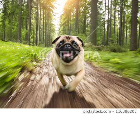 Energetic Pug Running Freely Outdoors: Capturing Joy in Motion 116396203