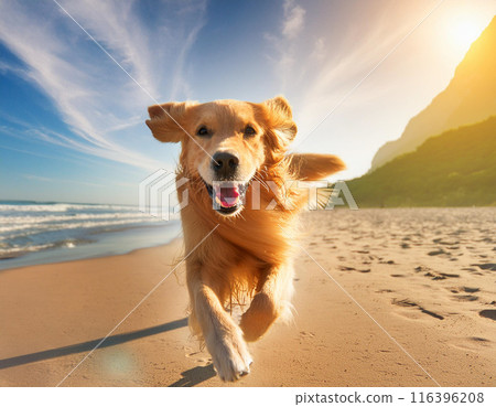 Energetic Golden Retriever Running Freely Outdoors: Capturing Joy in Motion 116396208