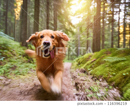 Energetic Golden Retriever Running Freely Outdoors: Capturing Joy in Motion 116396219