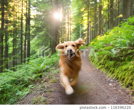 Energetic Golden Retriever Running Freely Outdoors: Capturing Joy in Motion 116396220