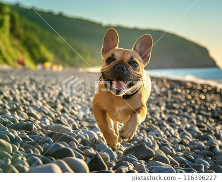 Energetic French Bulldog Running Freely Outdoors: Capturing Joy in Motion 116396227