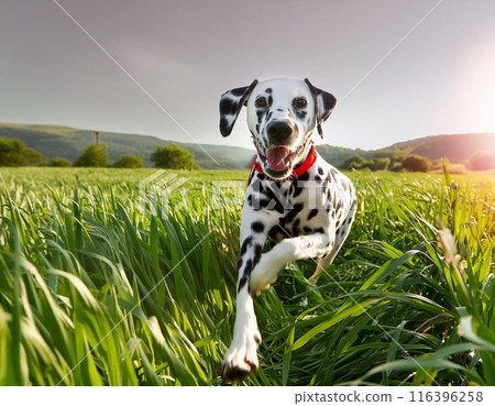 Energetic Dalmatian Dog Running Freely Outdoors: Capturing Joy in Motion 116396258