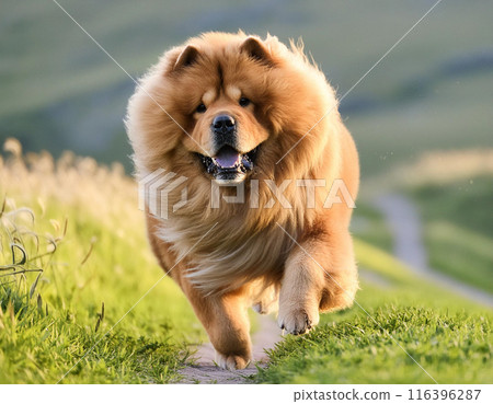 Energetic Chow Chow Dog Running Freely Outdoors: Capturing Joy in Motion 116396287