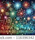 色彩繽紛的煙火裝飾著夜空的城市景觀。 116396342