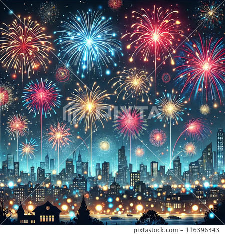 色彩繽紛的煙火裝飾著夜空的城市景觀。 色彩繽紛的煙火裝飾著夜空的城市景觀。 116396343