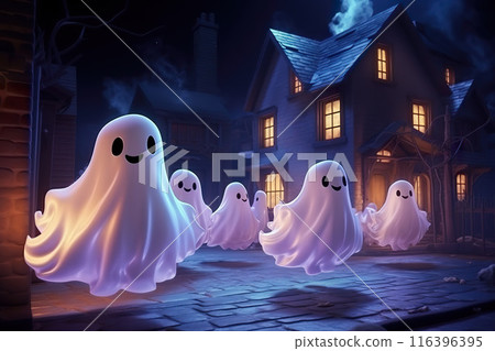 A group of  ghosts floating along a dimly lit street under a moonlit sky.A delightful scene featuring a group of cheerful, glowing ghosts floating along a quaint, dimly lit street, set against a 116396395
