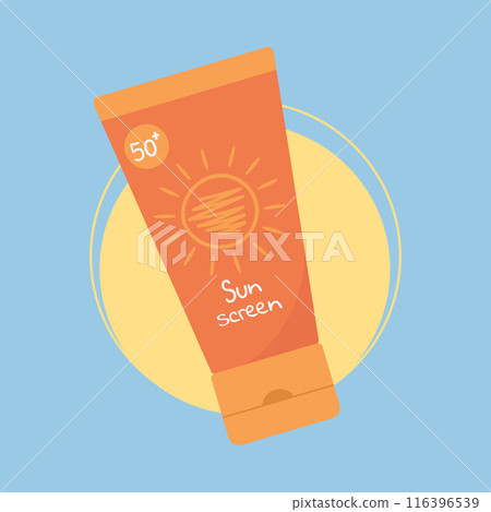 Tube with sunscreen product on sun background. SPF UV protection summer skincare product. SPF cream or lotion. Vector illustration 116396539