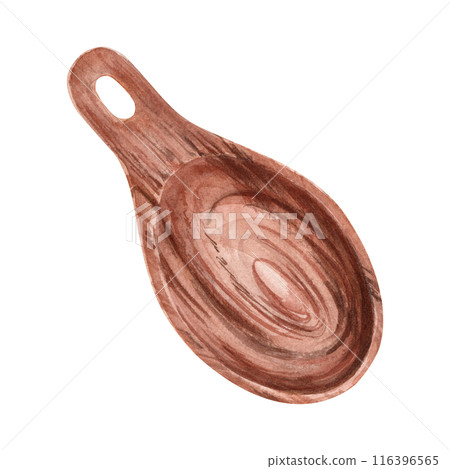 Wooden serving spoon. Hand crafted ladle clip art. Hand drawn watercolor illustration isolated from background. Rustic utensil for organic market produce packaging designs. Tableware for food products 116396565