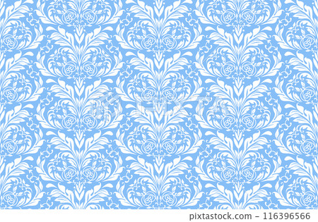 Floral pattern. Vintage wallpaper in the Baroque style. Seamless vector background. White and blue ornament for fabric, wallpaper, packaging. Ornate Damask flower ornament 116396566